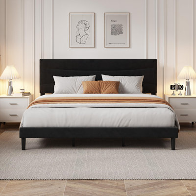 Upholstered Platform Bed Frame with Headboard, MDF & Wooden Slat Support, Noise-Free, Easy Assembly