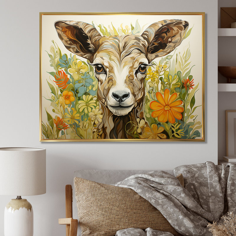 «Brown Goat Farm Meadow III», art mural animal de chèvre, Cadre flottant doré, H 34 po x l 44 po x P 1,5 po