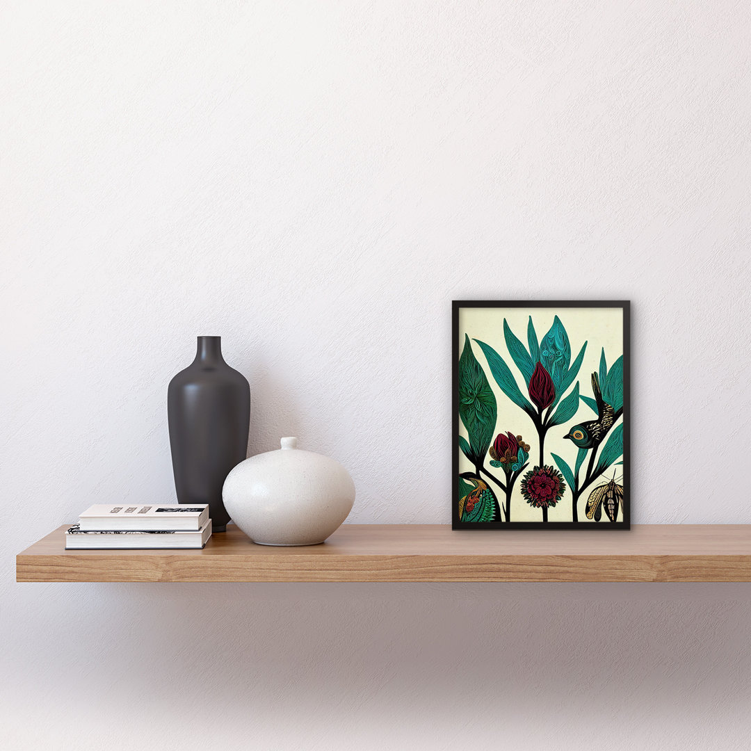 Folk Art Leaves Flowers Birds - Single Picture Frame Print