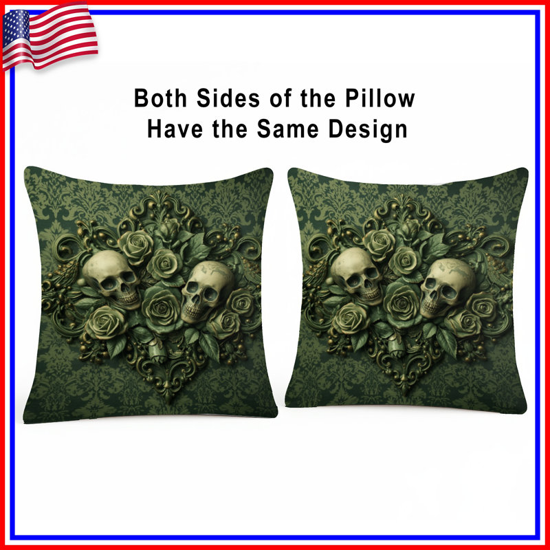 Coussins décoratifs Skulls With Green Roses, 14 X 14 pouces