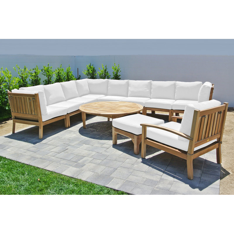 Ensemble de conversation modulaire en teck Huntington avec coussins Sunbrella, 11 pièces, 2 repose-pieds, Sunbrella® blanc