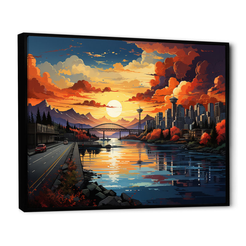 City Vancouver Sunset Popart, reproduction d'art sur toile, H 16 po x l 32 po x P 1 po, Cadre flottant noir