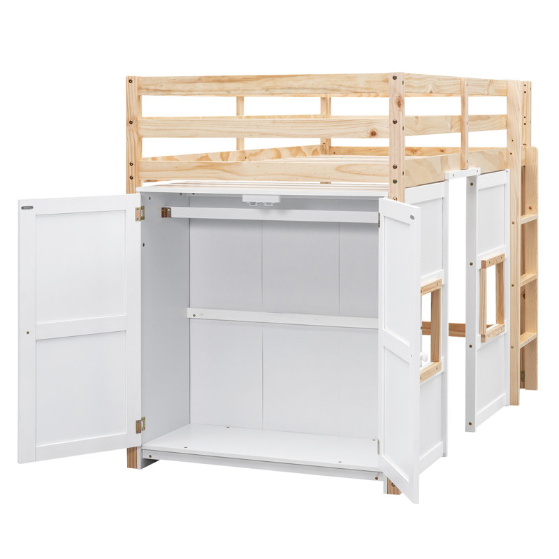 Twin Loft Bed With Built-in Storage And 2 Sunny Windows, Natural/white Wood Windows - No Box Spring Required,, Natural/White