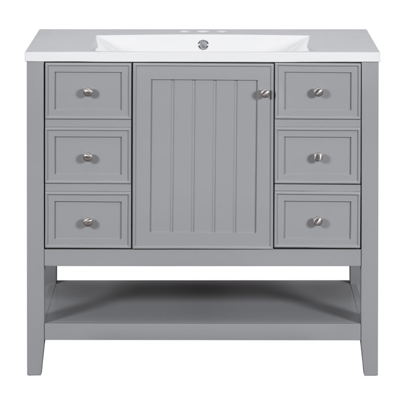 Meuble-lavabo 36 po avec lavabo, armoire à une porte, trois tiroirs et tablette ouverte, Gris