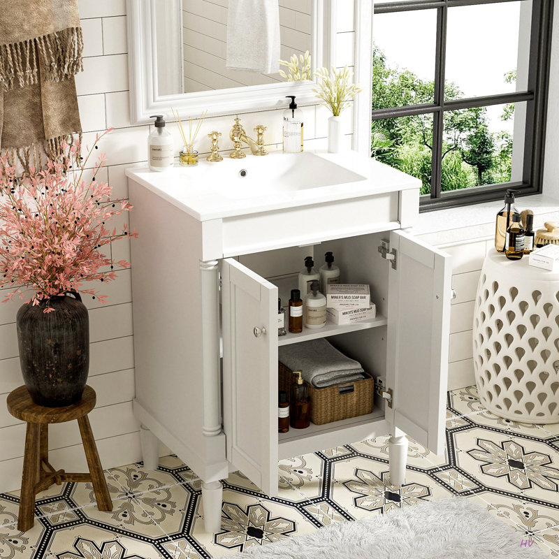 Meuble-lavabo 24 po avec lavabo supérieur, meuble de rangement moderne à 2 niveaux, meuble-lavabo simple, grandes tablettes de rangement