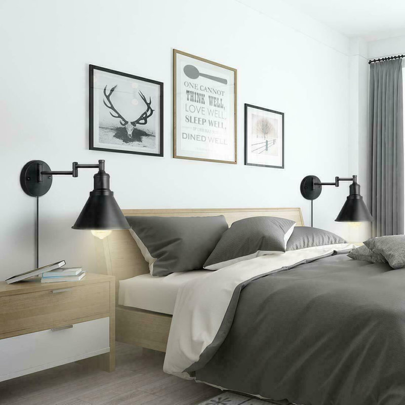Black Industrial Swing Arm Wall Sconce with Plug-In Option