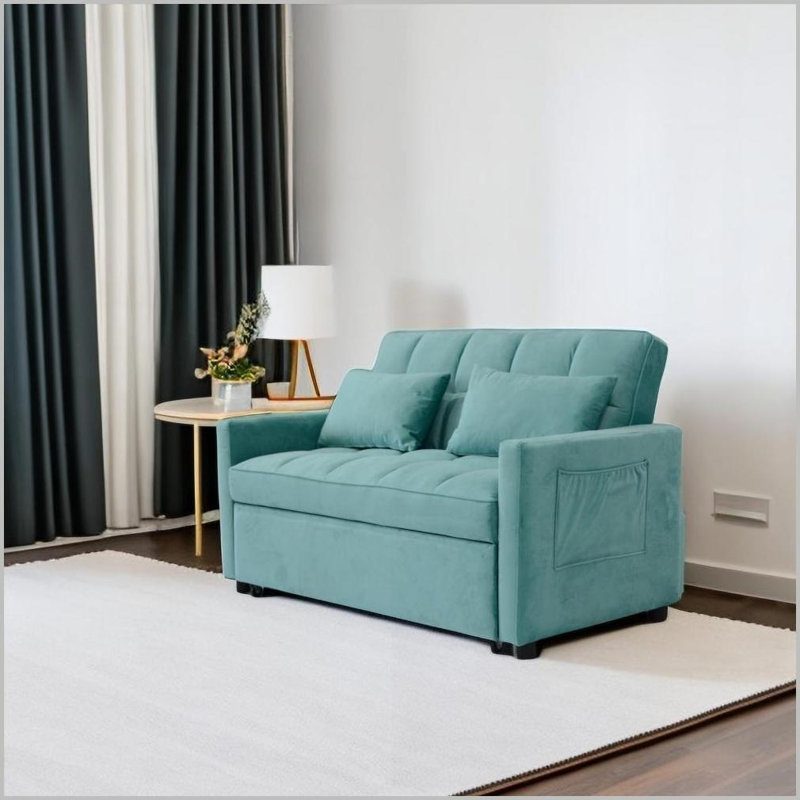 Canapé-lit convertible 3-en-1 55,5 po en velours moderne 55,2 po avec ports USB et poches latérales - Idéal pour les petits espaces | Velours | Bleu | Dossier rembourré