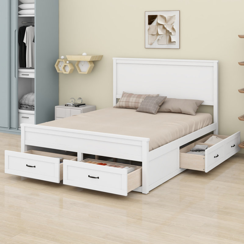 Base de lit avec rangement moderne en bois avec 6 tiroirs, lit plateforme avec support en lattes de bois, Blanc