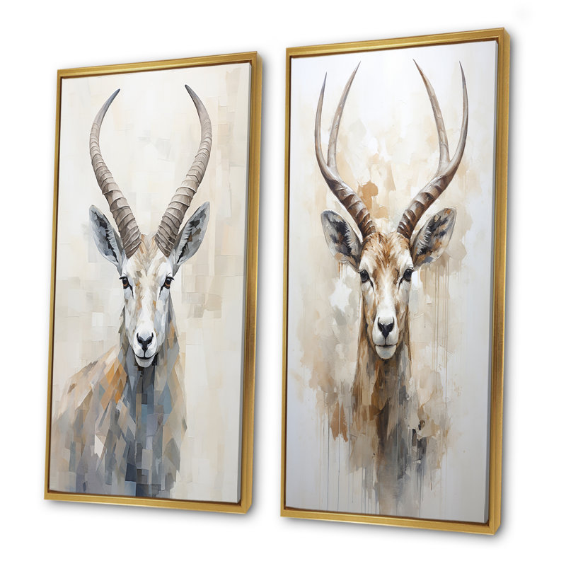 Minimalisme antilope bouquetin - ensemble de 2 reproductions d'art mural antilope, Encadrement doré, H 28 po x l 25 po