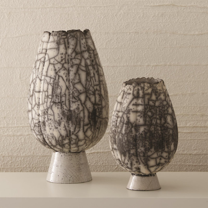 Crackled Footed Vase-Black Raku, 13.25" H x 8.25" W x 8.25" D