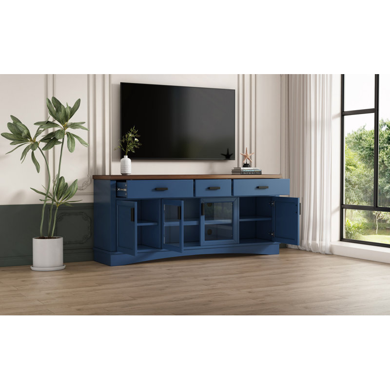 Console de télévision moderne, meuble télé d'une largeur de 67 po, portes et tiroirs de rangement en verre, tablettes réglables