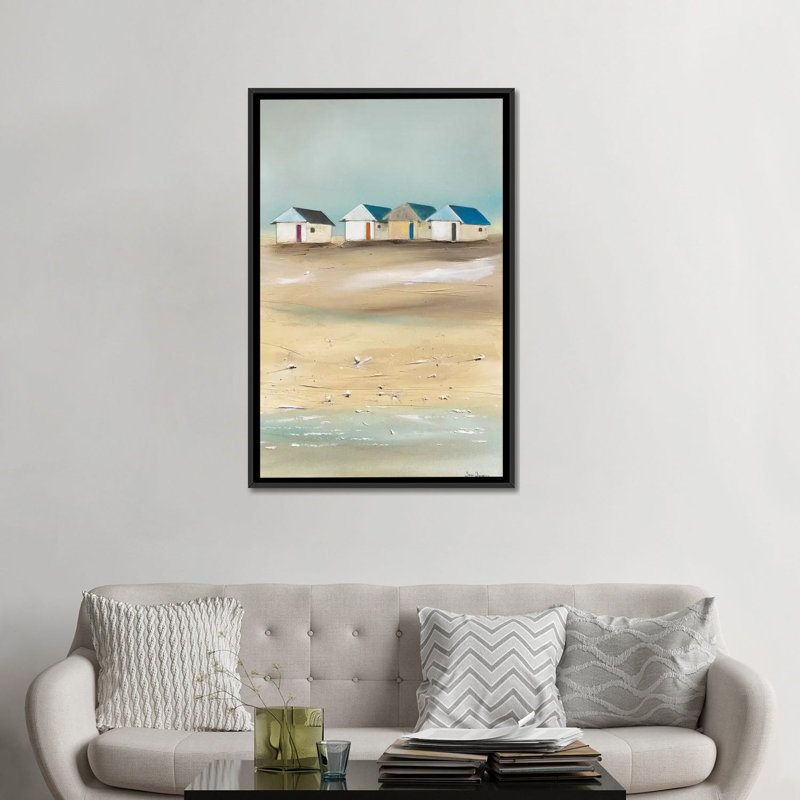 « beach cabanes iv », impression sur toile, H 26 po x l 18 po x P 1,5 po, Toile encadrée noire, Pas de tapis