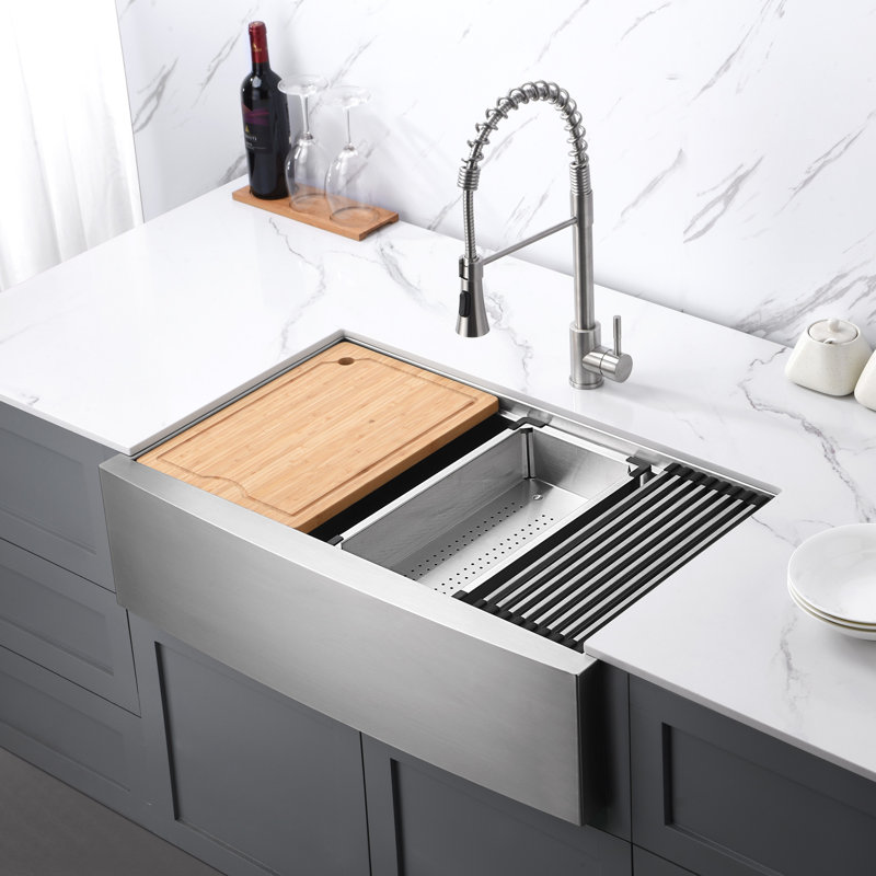 Farmhouse Apron Single Bowl Stainless Steel Kitchen Sink Workstation with Accessories, 33" W x 20.25" D x 10" H