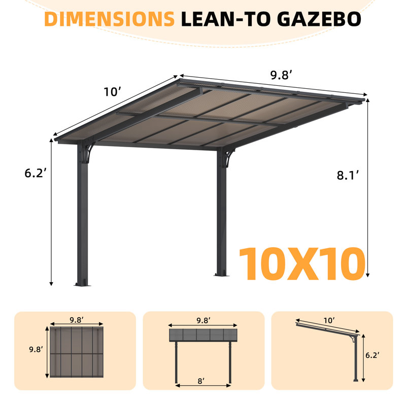 Pergola autoportante pour terrasse, H 97,20 po x l 117,60 po x P 120 po
