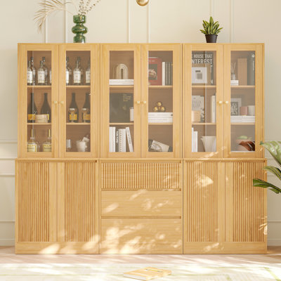 71" H X 70.9" W Bookcase Cabinet With Glass Doors, Modern Bookshelf With 3 Large Drawers(2A+D)