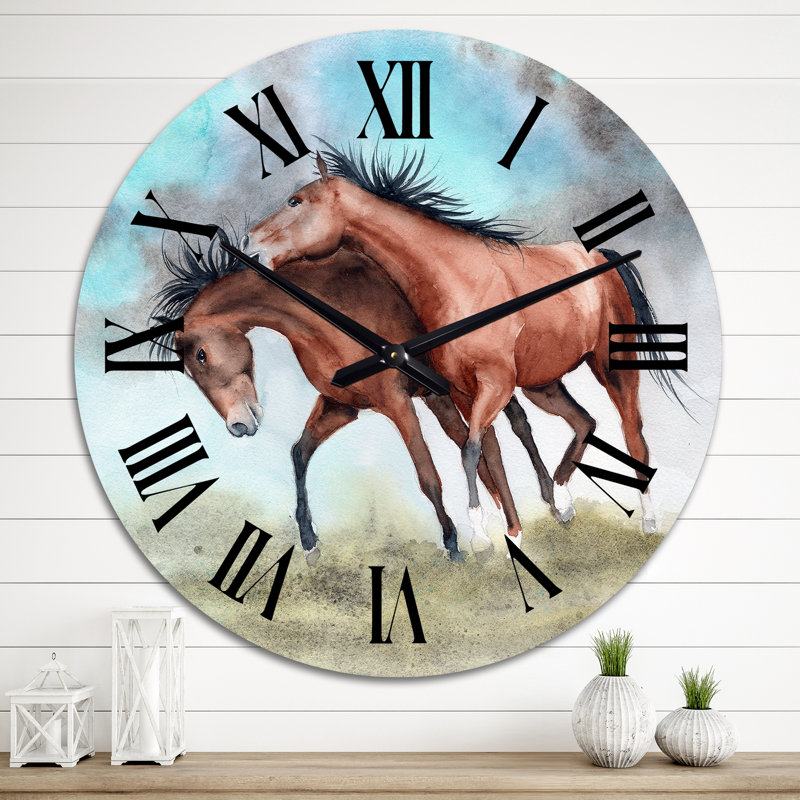 Deux chevaux bruns enjoués sur un fond bleu - Horloge murale traditionnelle, Grand