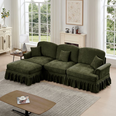 Canapé modulaire en forme de L Mid-Century à trois places avec accoudoirs évasés et volants amovibles, avec jupes plissées et pieds fuselés, canapé en chenille confortable à 3 sièges profonds avec repose-pieds mobile, vert