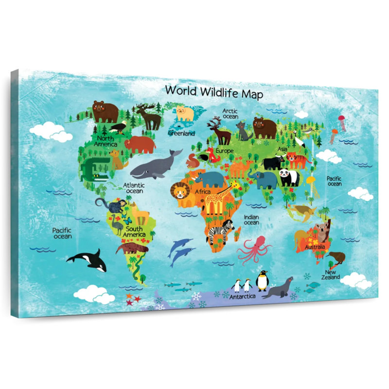 Carte du monde de la faune d'Aliaz, H 34 po x l 51 po