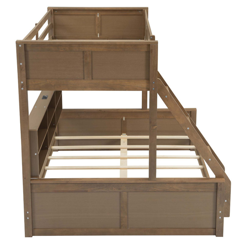 Lit simple superposé au-dessus de grand lit simple avec armoires de rangement et ports USB, Simple TG sur grand, Bois