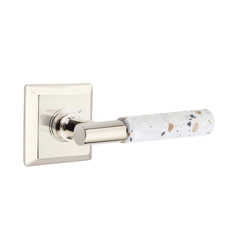 Mortaise intérieure Emtek Select avec rosette Quincy et tige en T, levier Terrazzo clair, Gauche, Nickel poli
