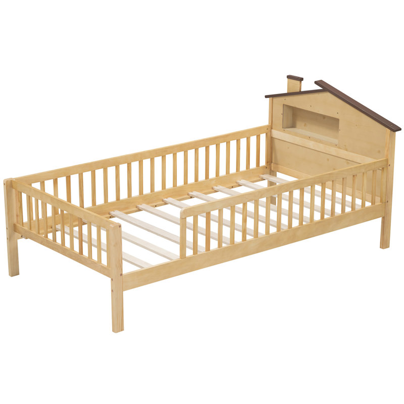 Lit plateforme en bois avec tête de lit en forme de maison, Naturel, Lit simple