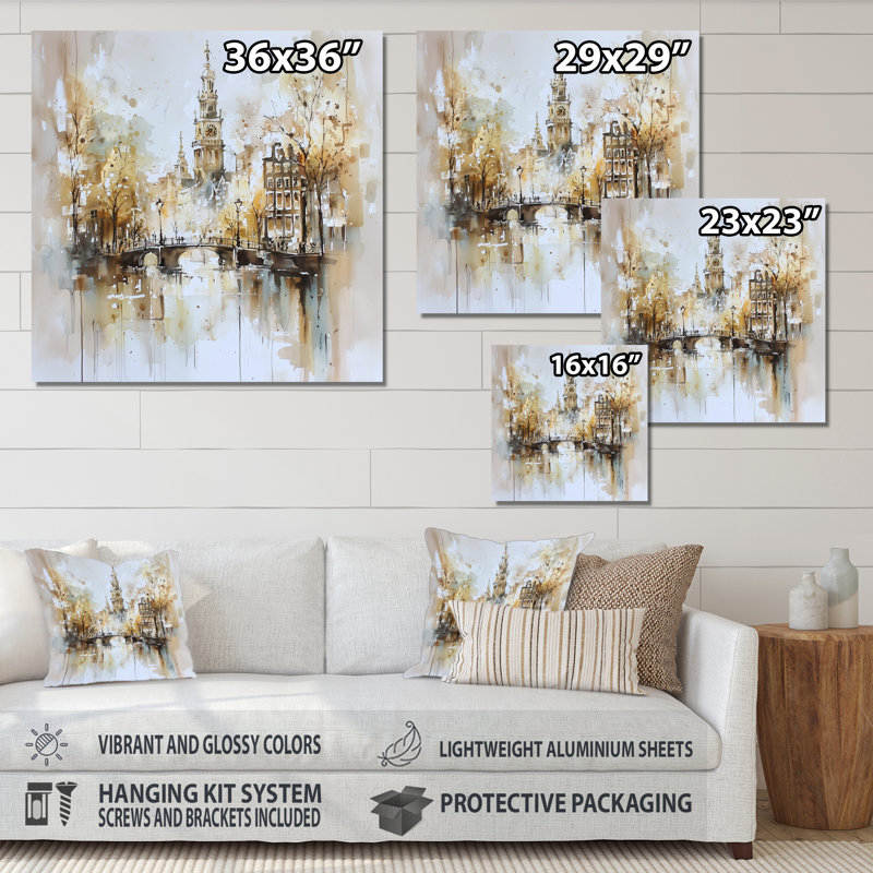 Watercolor Amsterdam Soft Dreamy Architecture I - Cityscapes Metal Decor, Amsterdam Metal Print, 16" H x 16" W x 0.84" D
