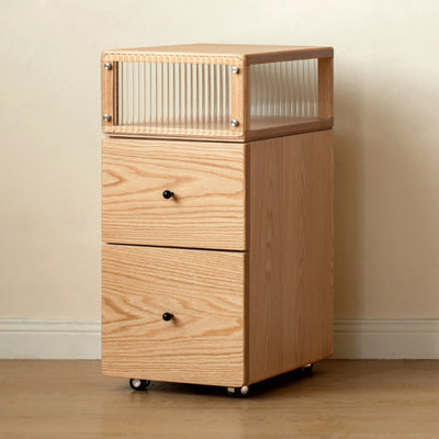 Burlywood Solid Wood + Glass + 2 drawers Nightstand