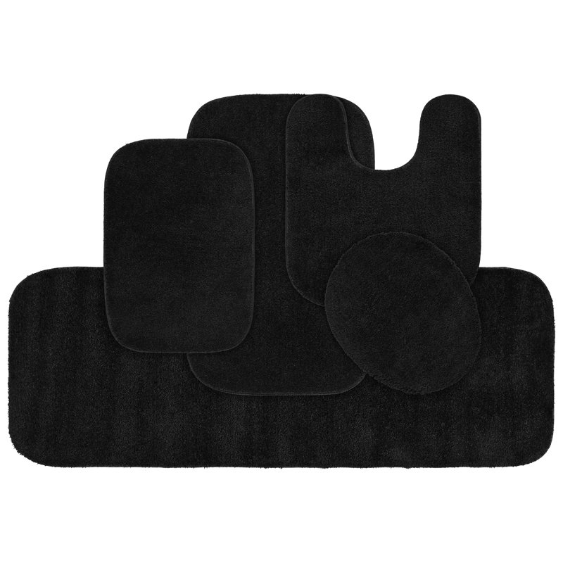 Mccluney Ultra Soft Traditional Nylon 5 Piece Bath Rug Set with Non-Slip Backing, Black