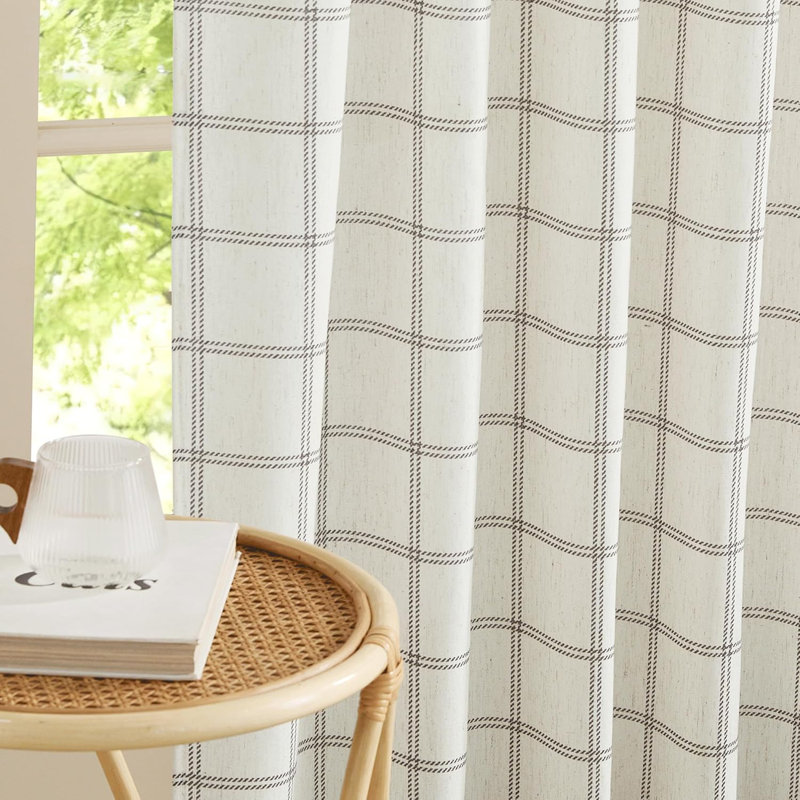 Linen Plaid Curtains Modern Window Panels Check Tartan Light Filtering Curtains for Living Room Bedroom, Rod Pocket Back Tab, 2 Panels