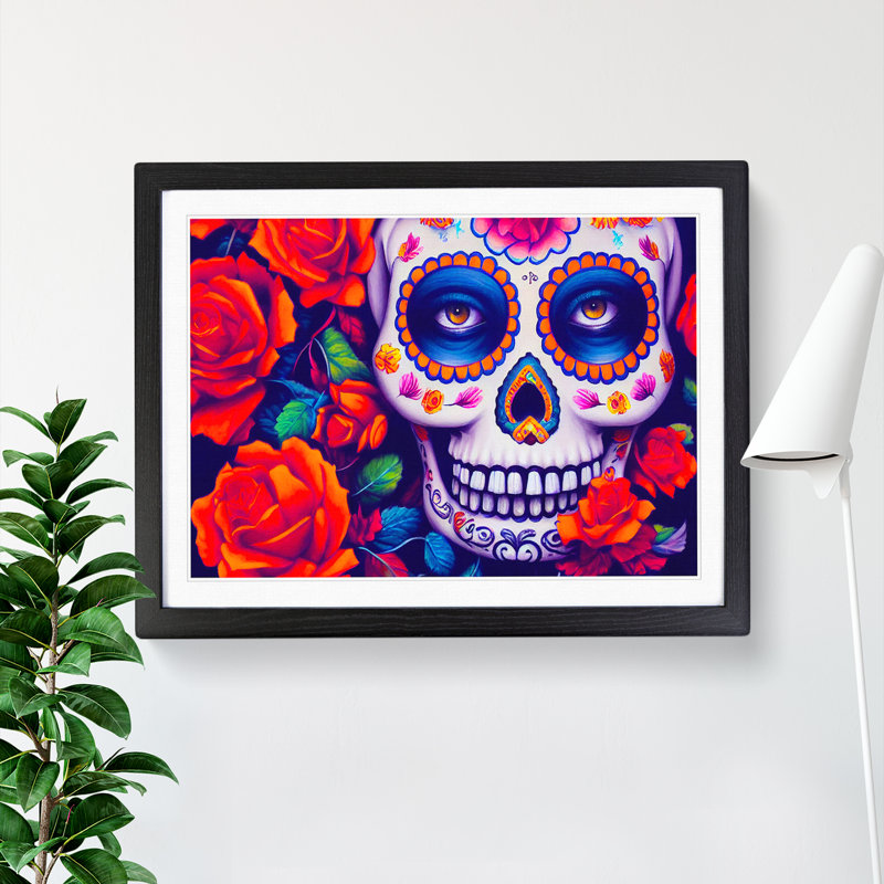 XH1022-4339X Glowing Floral Sugar Skull - Single Picture Frame Print, 34cmH x 46cmW