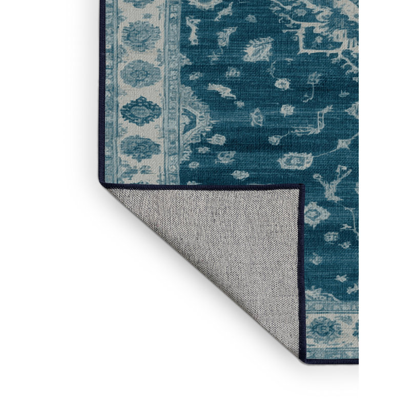 Tapis bleu lavé à la machine, Rond 8 pi