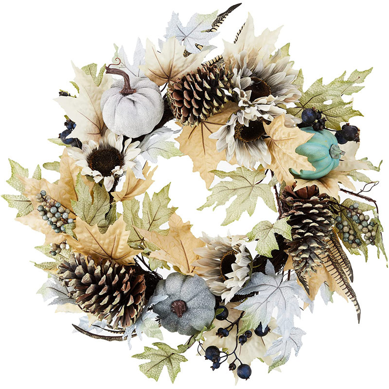 Couronne de récolte de citrouille artificielle 24 po avec couronne de fleurs