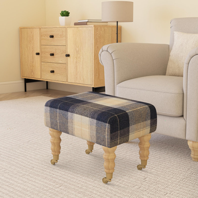 Tartan Material Large Footstools Wood Caster Leg - Tartan, Natural, Navy Blue