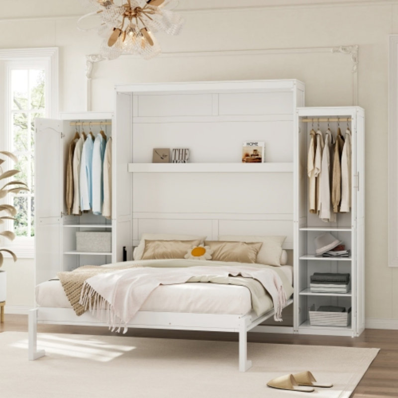 Murphy bed with 2 closets and storage shelves, multifunctional foldable platform bed frame