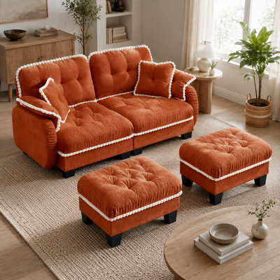 Causeuse en U en chenille 2 places Casselman avec 2 repose-pieds mobiles, capitonnage matelassé, garniture à pompons et 4 coussins