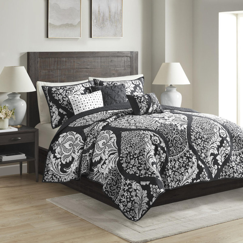 Ensemble de courtepointe réversible en coton 6 pièces, Black, King Quilt + 5 Additional Pieces