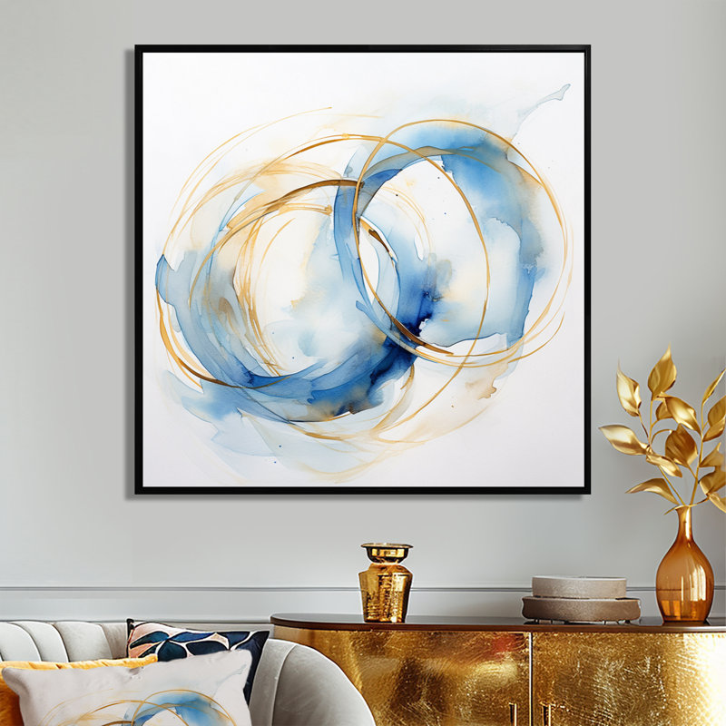 «Unity Subtle Gold Watercolor I», reproduction d'art abstrait, H 36 po x l 36 po, Cadre flottant noir