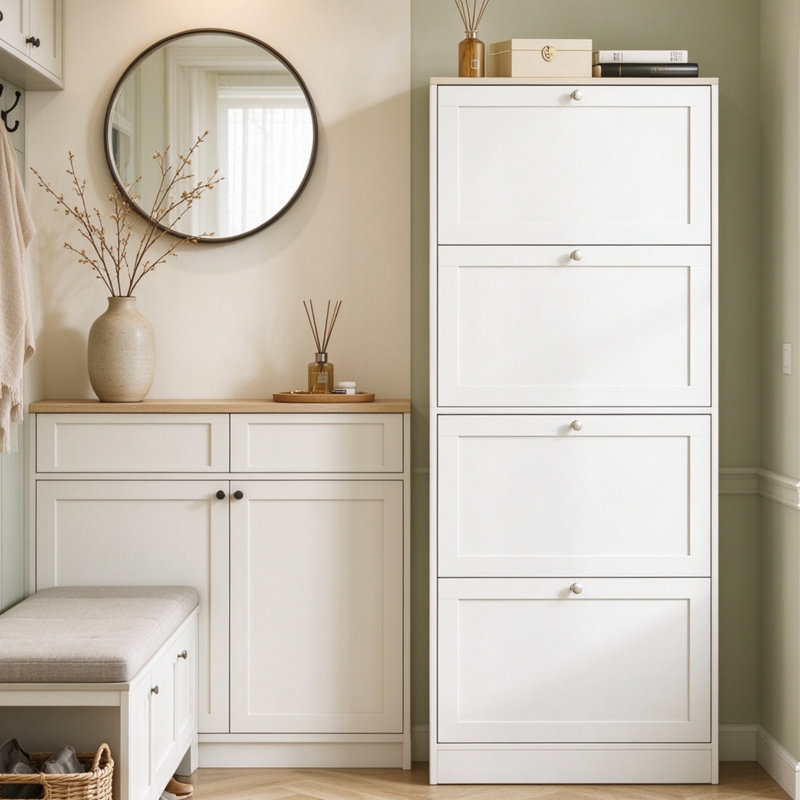 White Engineered Wood Flip Drawer Shoe Cabinet, Modern Narrow Entryway Shoe Organizer with Large Storage