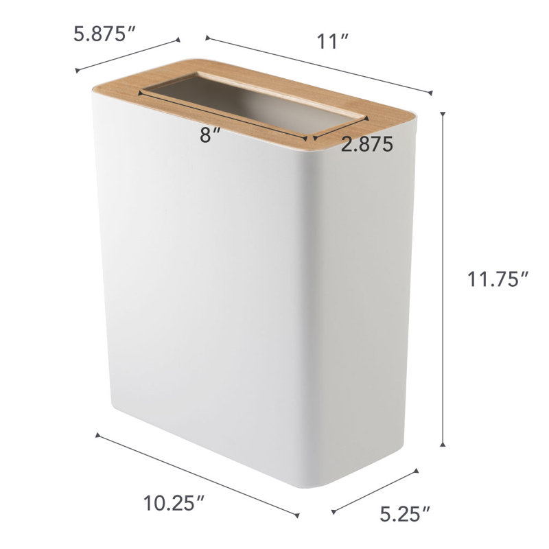 Rin Yamazaki Home Slim Rectangular Trash Can For Kitchen Bathroom Bedroom, Steel + Wood, 2.5 gallons, White
