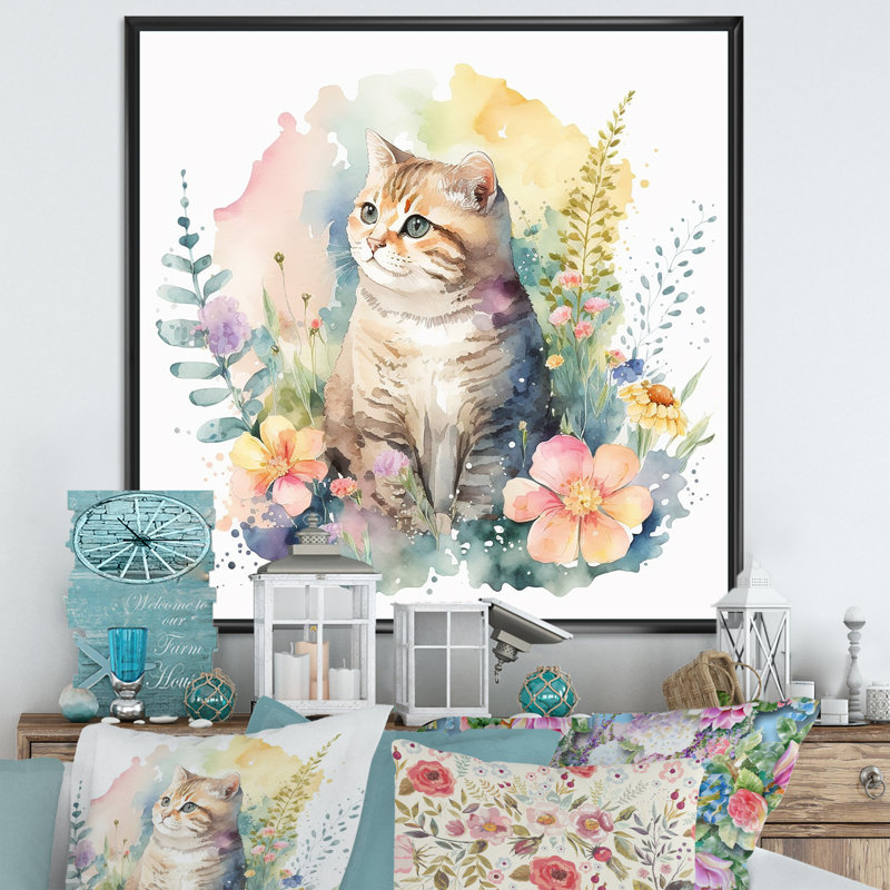 Petit chaton entouré de fleurs colorées I - animaux, art mural sur toile, L 30 po x H 30 po, Cadre flottant noir