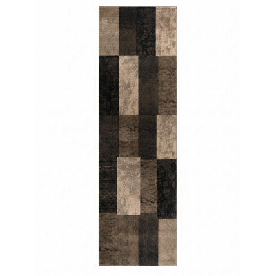 10' Brown Black and Tan Geometric Power Loom Runner Rug