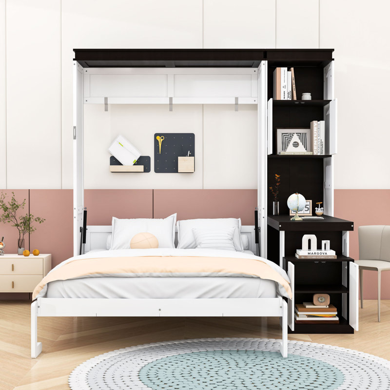 Lit escamotable avec bureau, tablettes de rangement et armoires, Full