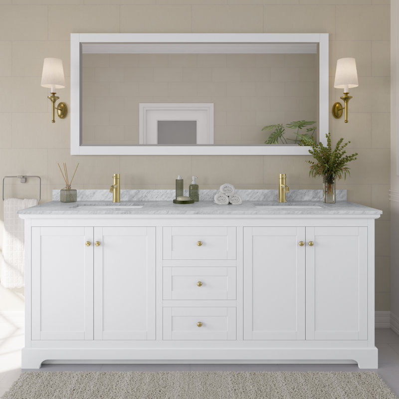 Avery 80'' Double Bathroom Vanity with Stone Top, White, Brushed Gold
