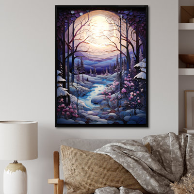«Mauve Winter River Landscape Collage II», art mural paysage d'hiver