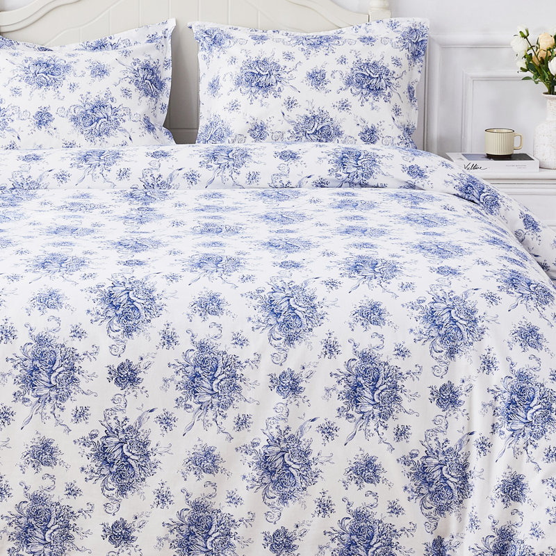 Floral Etching Percale Cotton Duvet Set, Navy, King Duvet Cover + 2 Pillow Shams