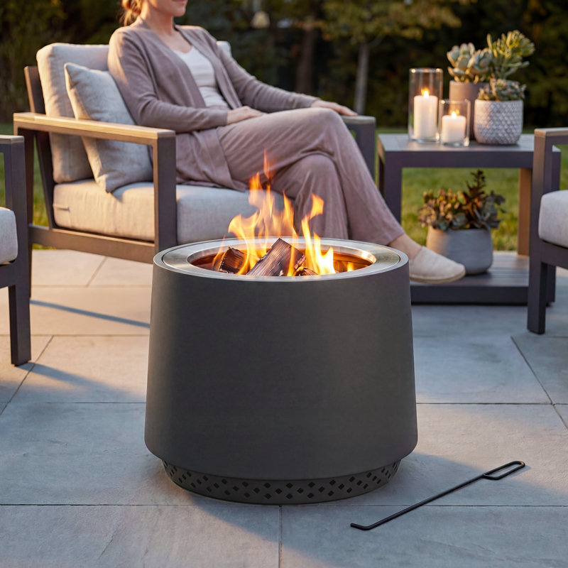 Sunjoy 21" Round Smokeless Wood Burning Fire Pit with PVC Cover & Fire Poker for Outdoor Backyard Camping, Grey