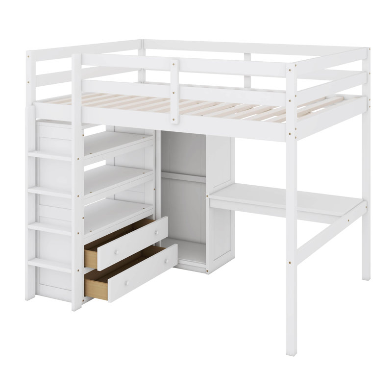 Huegel Full Size Loft Bed With Built-In Wardrobe, Desk And Drawers, White