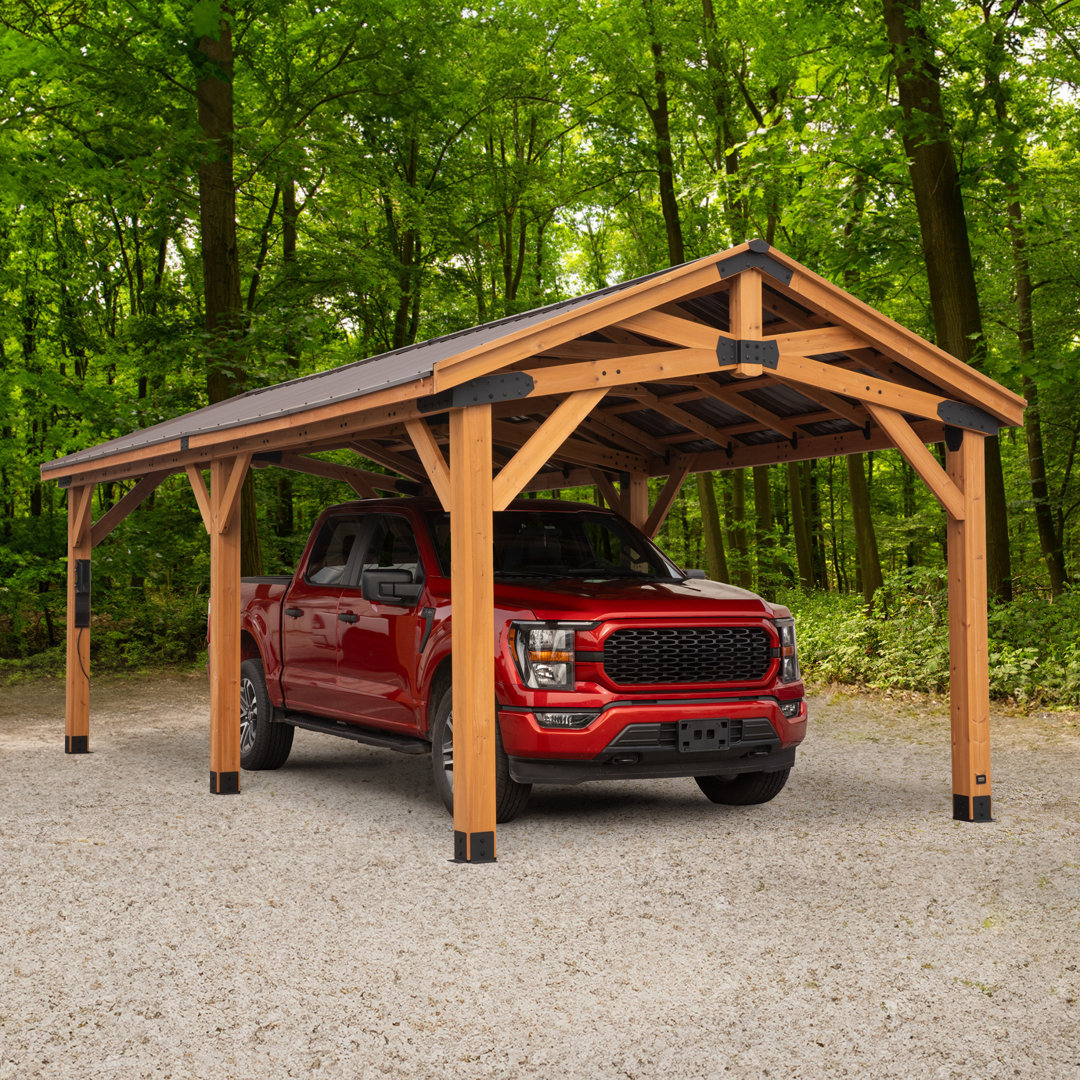 Backyard Discovery Norwood 24' x 12' Cedar Wood Outdoor Patio Gazebo with Hardtop Galvanized Steel Peak Roof and PowerPort Backyard Discovery