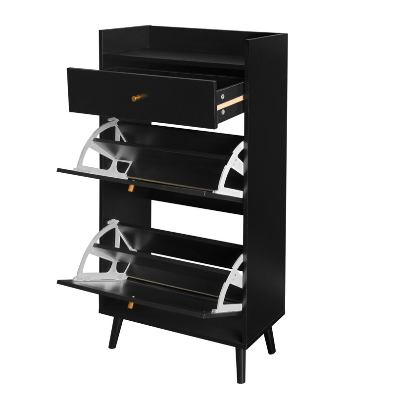Rotin, armoire à 2 portes et 1 tiroir Allen, étagère à chaussures, double couche, convient à l'entrée, Noir