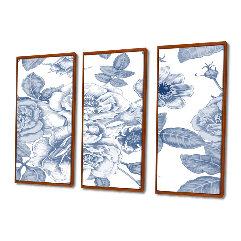 Fleurs blanches blanches rétro sur bleu classique II - ensemble de 3 reproductions d'art encadrées sur toile, Brun